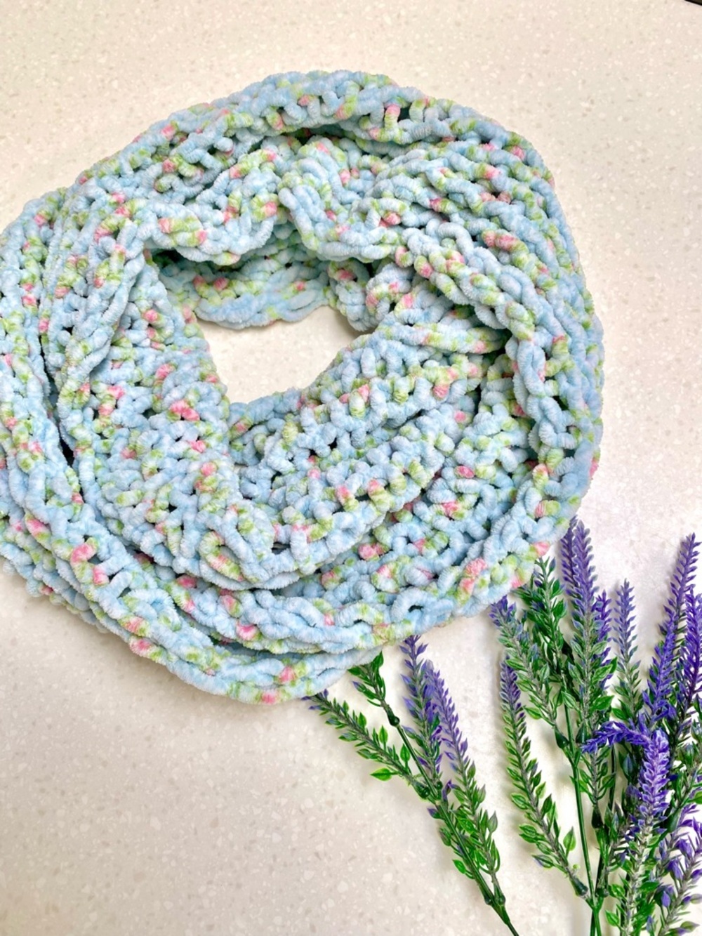Handmade cottagecore boho infinity knit scarf/wrap w prairie shabby chic vibe
